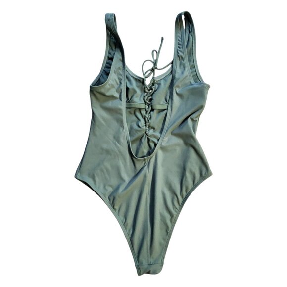 Xhilaration One Piece Swimsuit Women's Medium Green Lace Up Low Back Swimwear - Picture 2 of 8